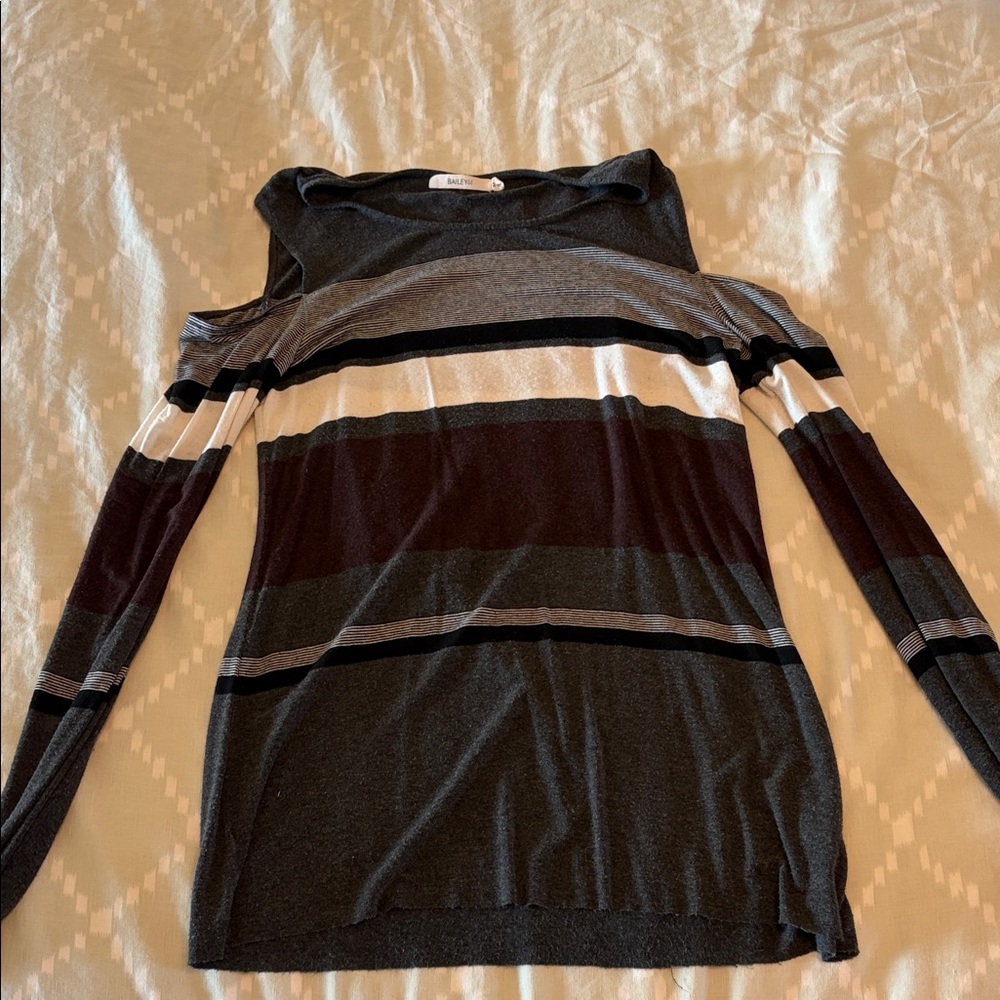Bailey 44 Black Gray White Striped Cold-Shoulder Top